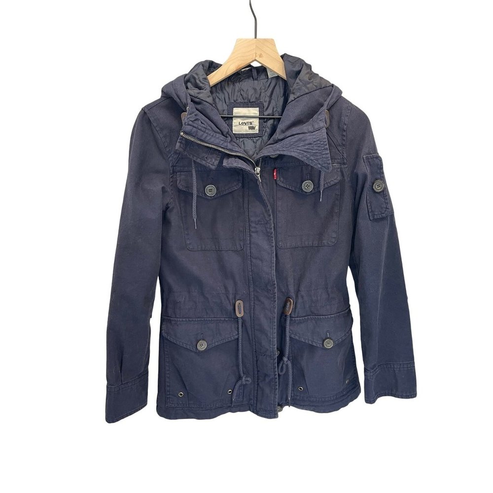Women's Navy Blue Levi's Hooded Drawstring Military Jacket, size Small